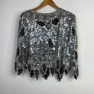 Vintage Ornate Sparkly Sequin Beaded Top Jagged Hem Black Silver Glam Gatsby L